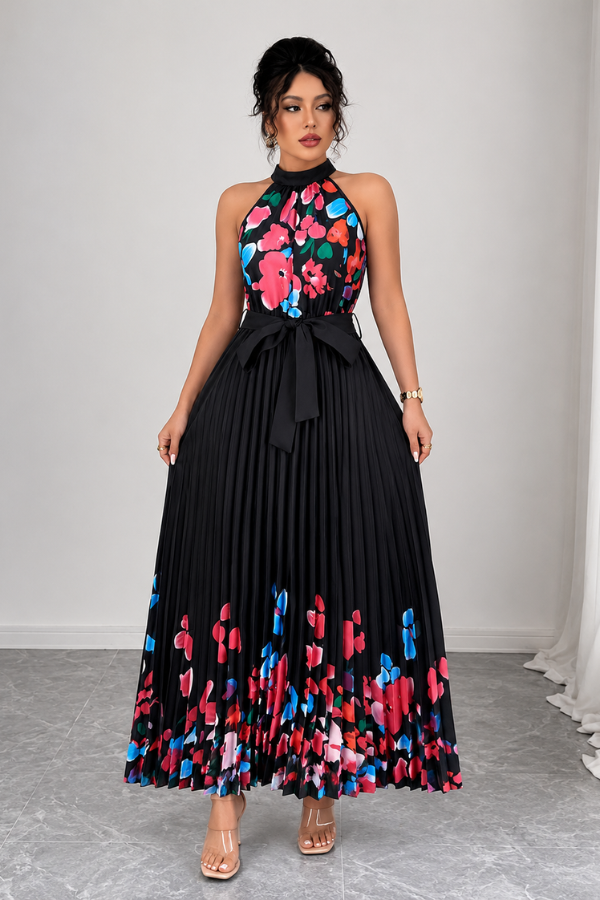 Floral Pleated Square Neck Midi Dresses