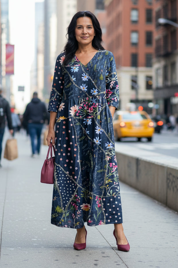 Floral gesammeltes Midikleid in Blau