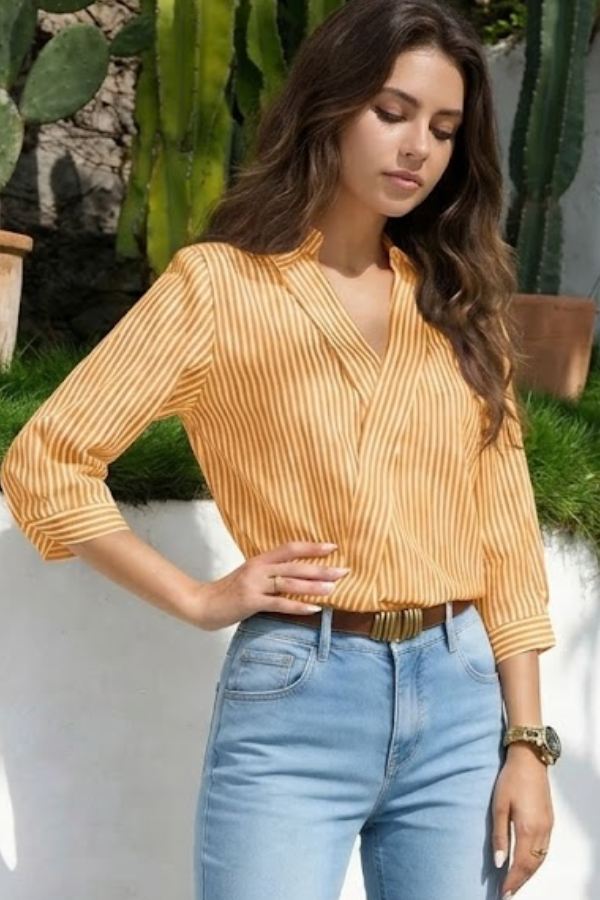 Striped V Neck Casual Blouse