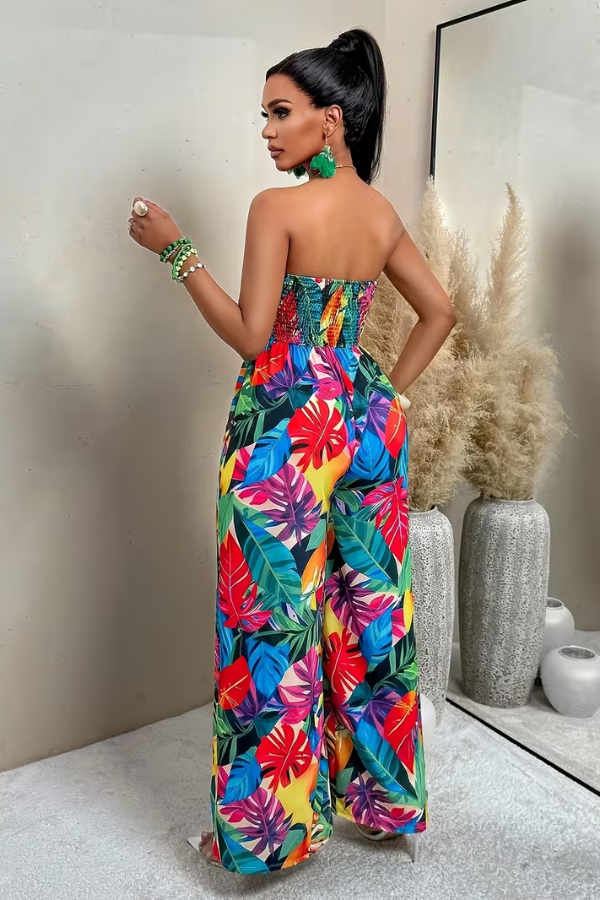 Tropical Strapless Wide Leg Jumpsuit