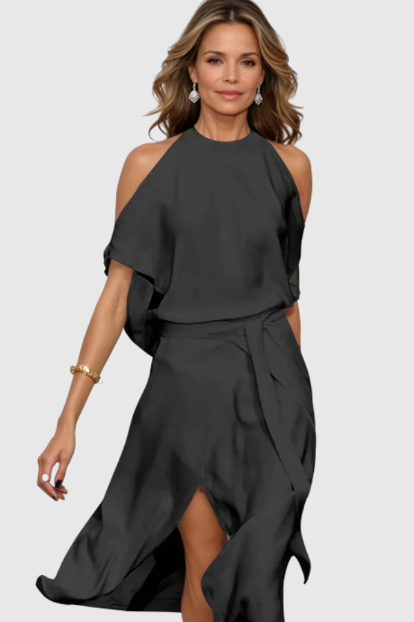 Off-Shoulder asymmetrisches Midi-Kleid