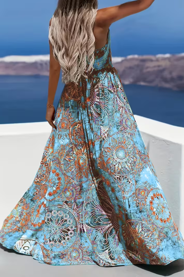 Ethnic Print Strapless High Slit Maxi Dress