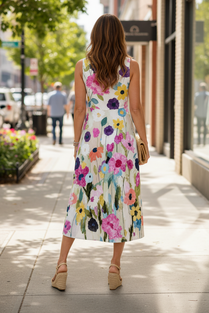 Elegant Floral Midi Dress with Timeless Sleeveless Style