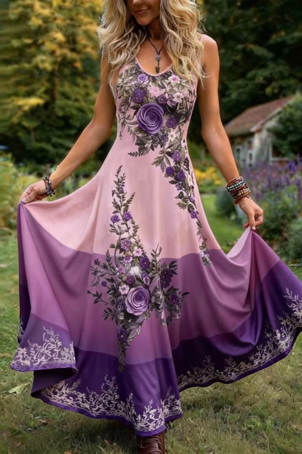 Retro Floral V Neck Maxi Dress