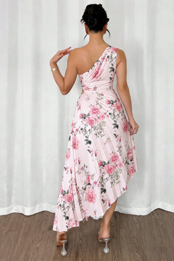 Floral One Shoulder Pleated Midi Dresses