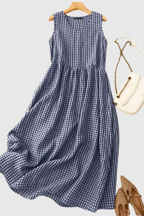 Plaid Pleated Halter Neck Midi Dresses