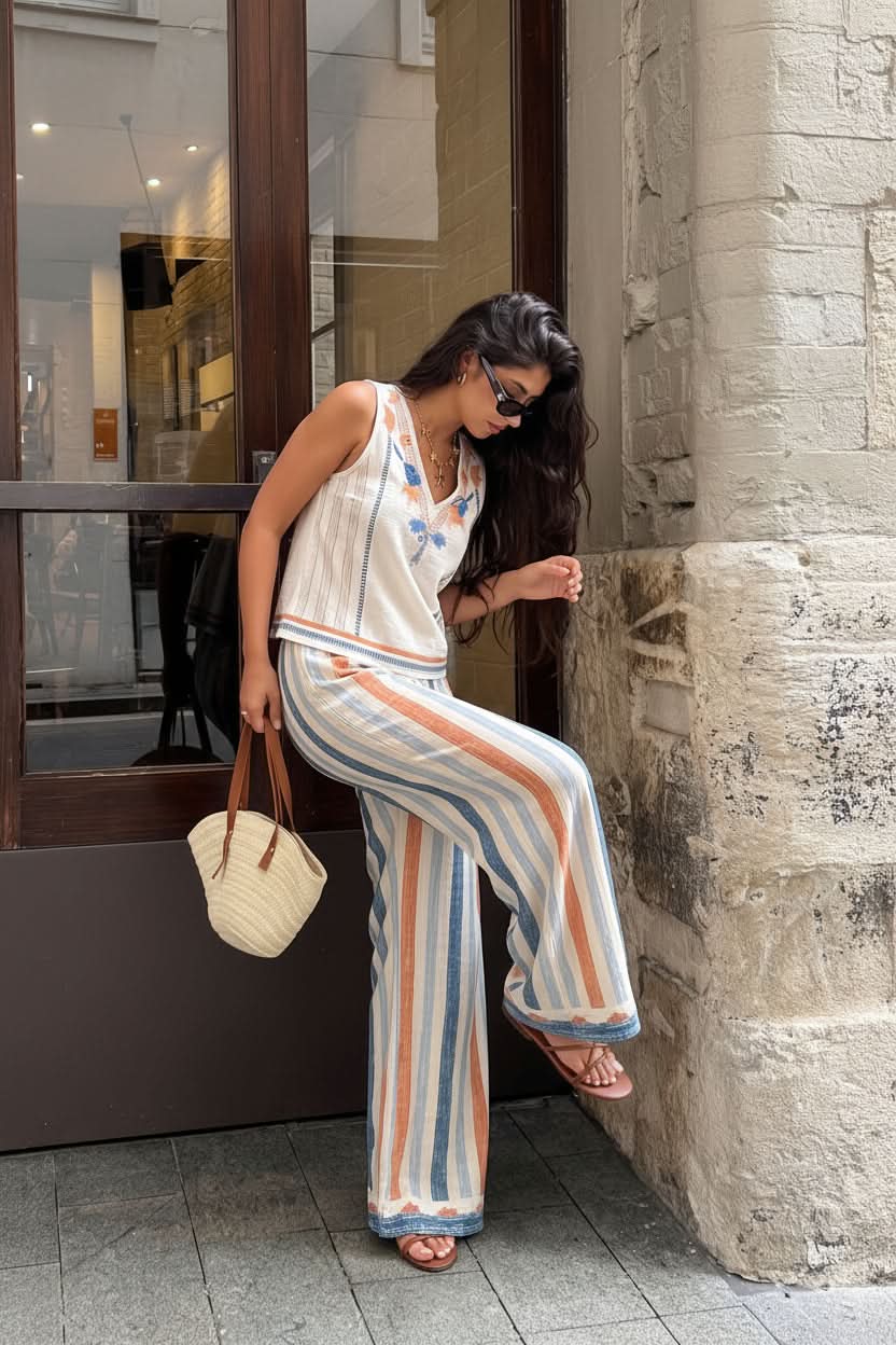 Stylisches Urlaubsoutfit mit bedrucktem Oberteil und entspannten Hosen