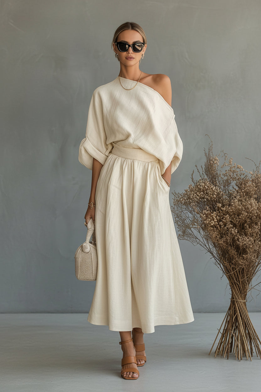 Relaxed Fit Puff Sleeve Top and Skirt Coordinated Set