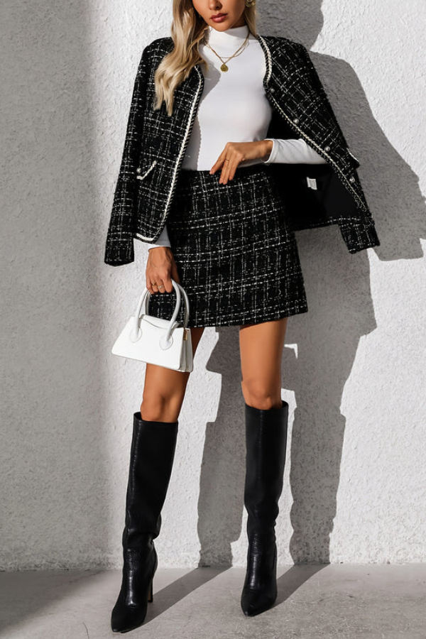 Polished Checkered Jacket Skirt Set