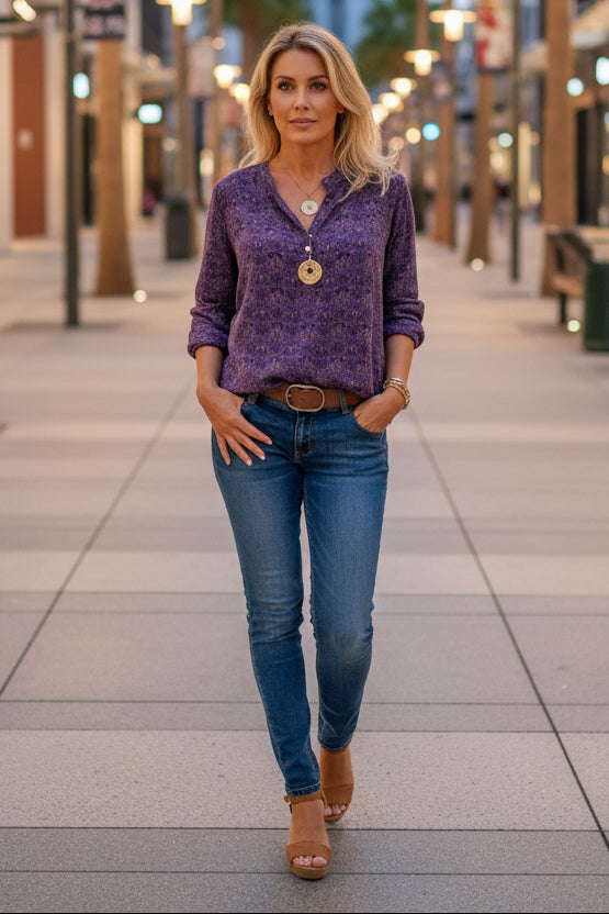 Artistic Long Sleeve Blouse with Vintage Print and Relaxed Fit 4
