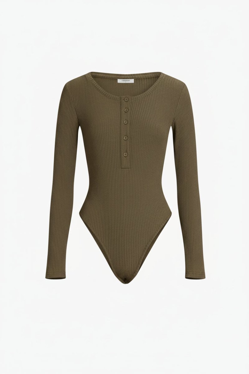 Classic Long-Sleeved Ribbed Knit Bodysuit with Elegant Button Detail 2
