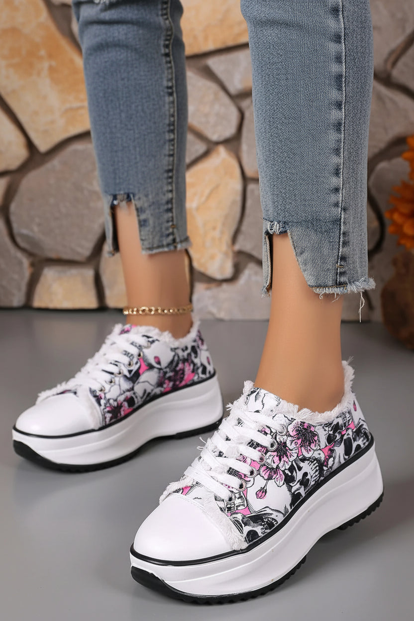 Elegant Floral Printed Lace Up Sneakers - Trendy Round Toe Flats 5
