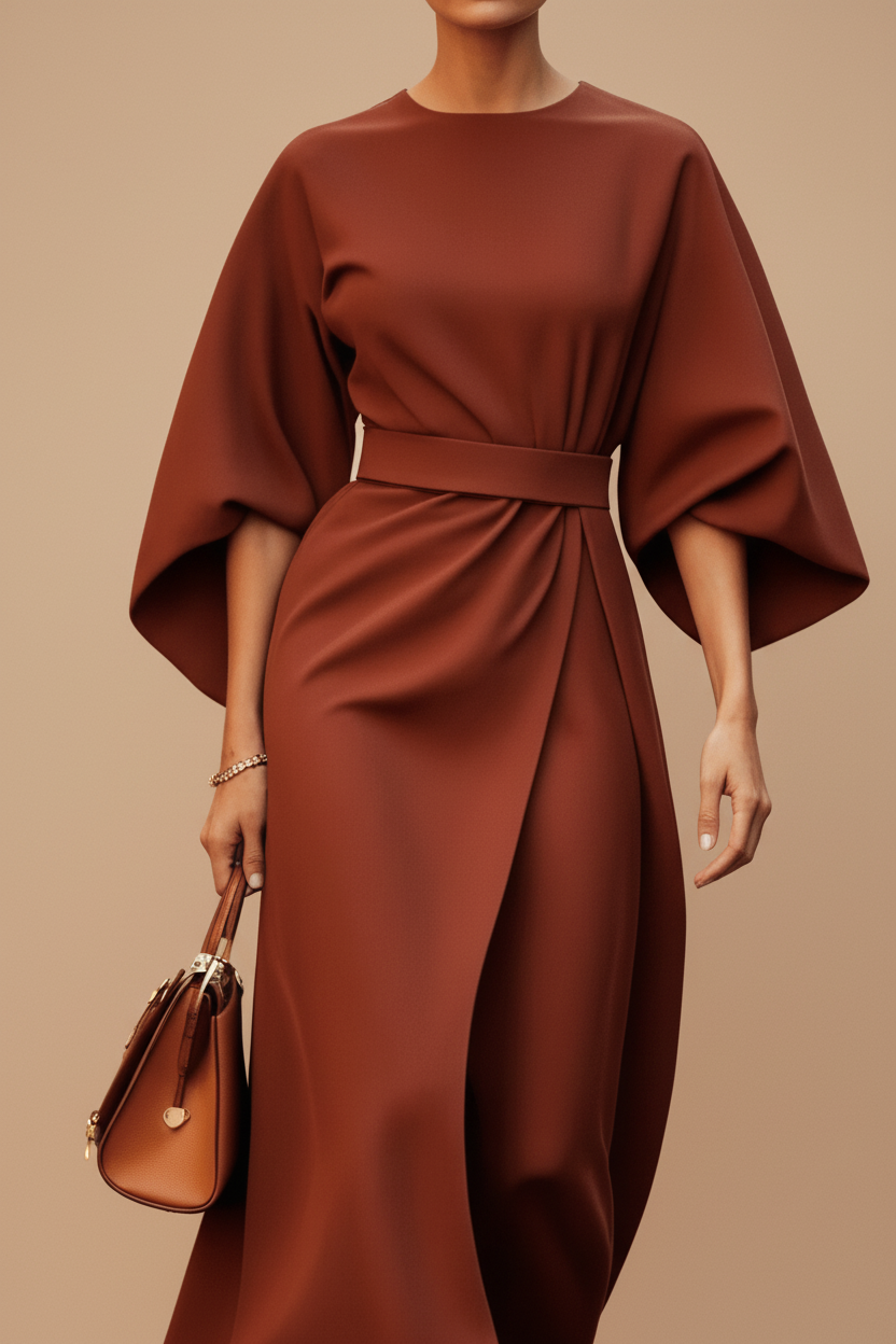 Elegant Lantern Sleeve Formal Dress with Waist-Cinching Belt 9