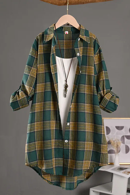 Elegant Linen Women's Blouse - Vintage Check Long Sleeve Buttoned Top 2