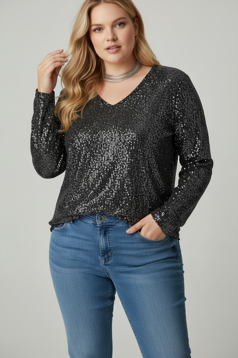 Elegant Plus Size Glitter Top with V-Neck Design for Stylish Occasions 4