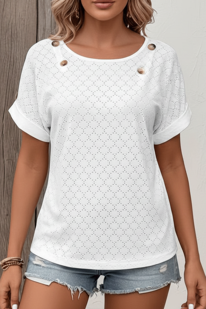 Elegant V-Neck T-Shirt with Shank Button Detail for Versatile Style 2