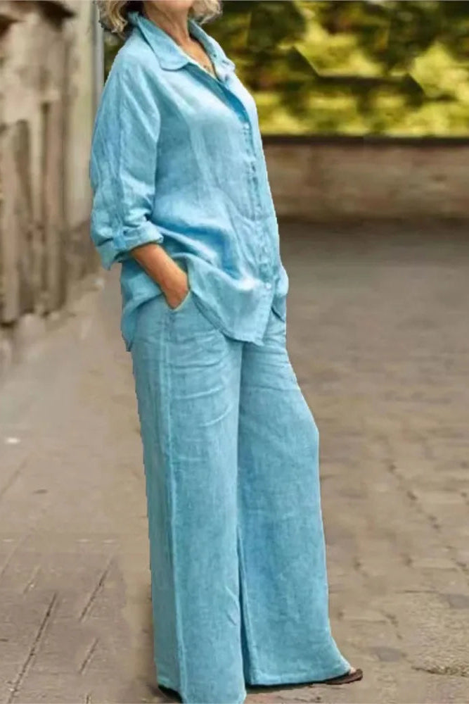 Elegant Women's Cotton Linen Loungewear Set - 2-Piece Long Sleeve & Wide Leg Trousers 1