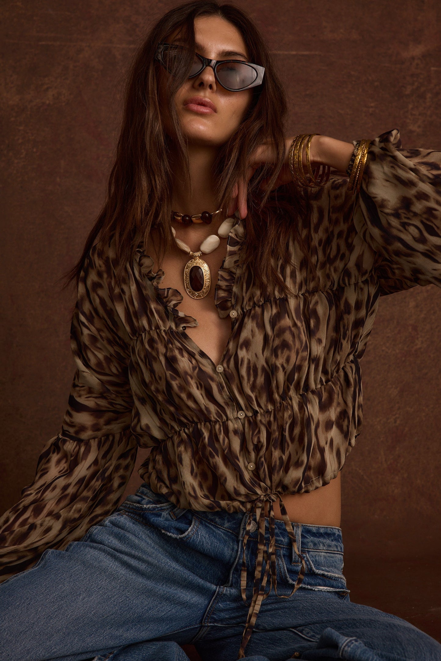 Leopard Print Long Sleeve Blouse with Ruffle Details for Effortless Elegance 7