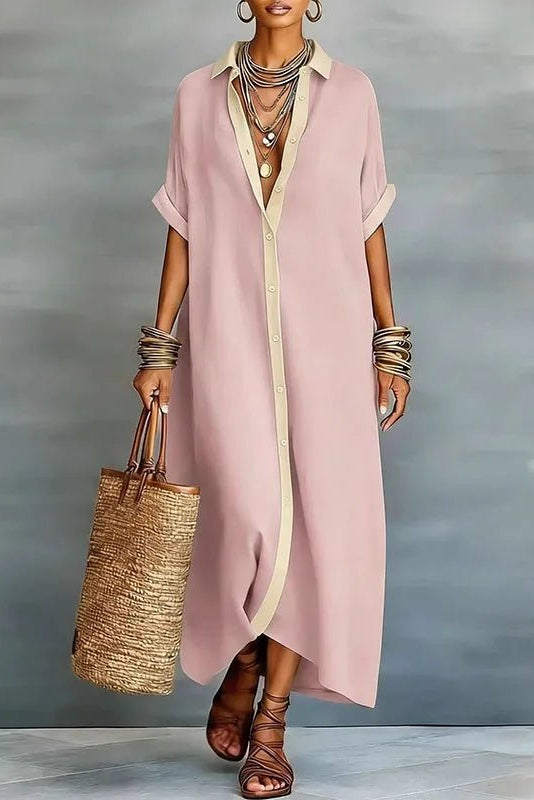 LinenEase - Long Cotton-Linen Summer Dress with Button Front & Color Block Detail 7