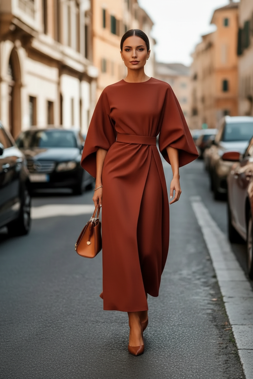 Wickel-Midikleid mit weitem Ärmel und Gürtel