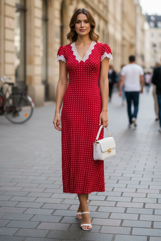 Graceful Polka Dot V-Neck Maxi Dress