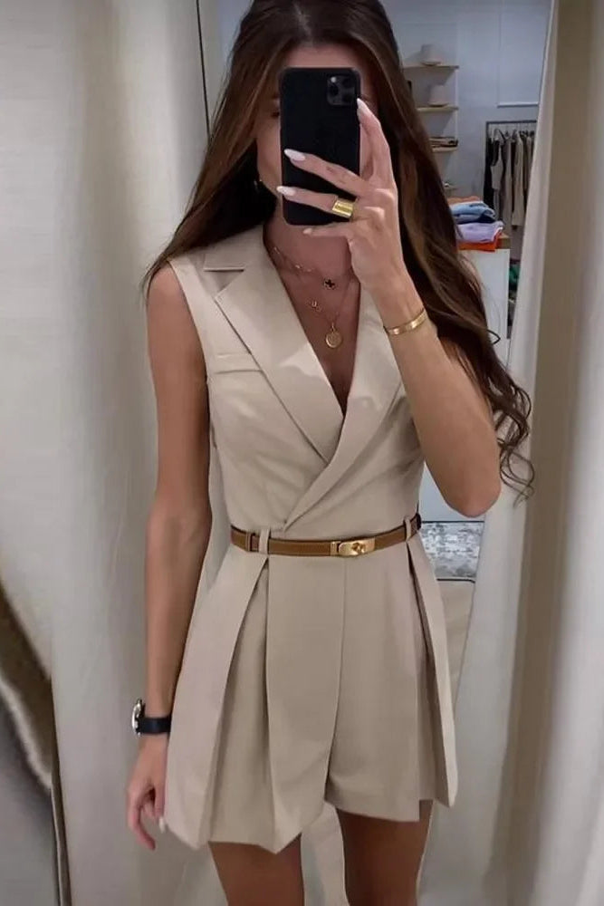 Stylish Sleeveless Cotton Romper with Adjustable Belt and Collar Detail 3