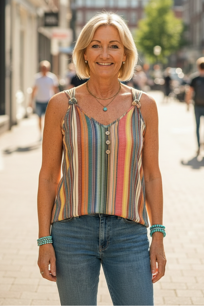 Colorful Striped V-Neck Top with Knot Detail