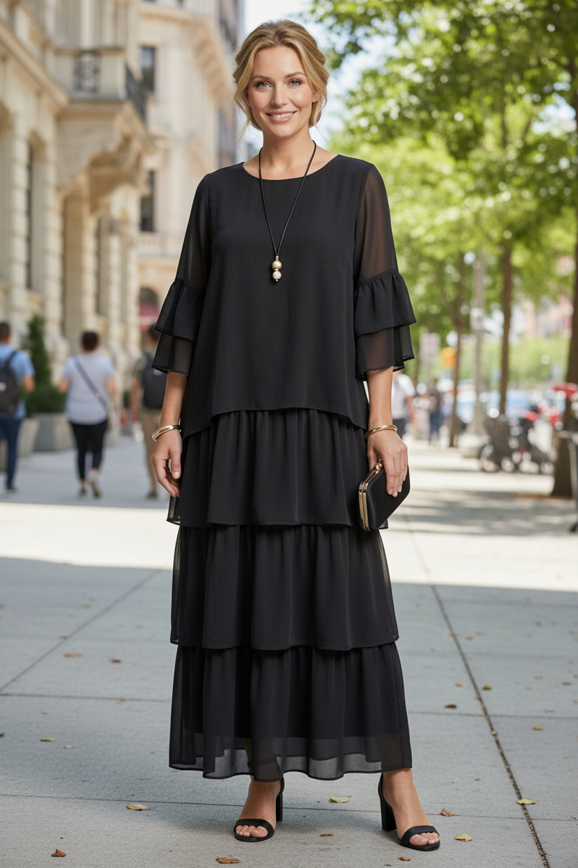 Gestuftes Maxikleid mit Rundhalsausschnitt