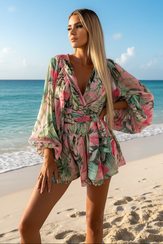 V-Neck Wrap Front Short Set with Tie Waist