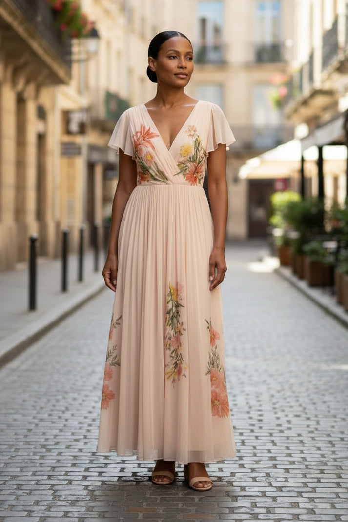 Calista Maxikleid mit floralem V-Ausschnitt und Falten