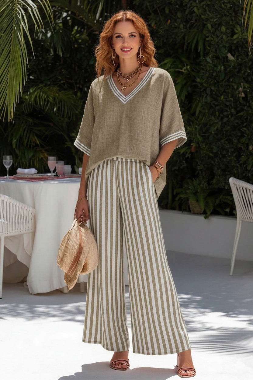 Striped Wide-Leg Pants & V-Neck Top Set
