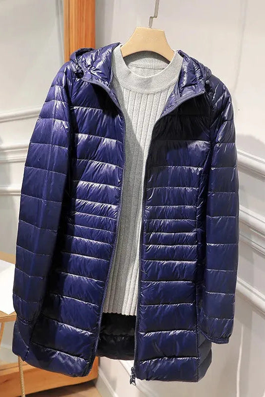 Hooded Quilted Zip Front Longline Coat