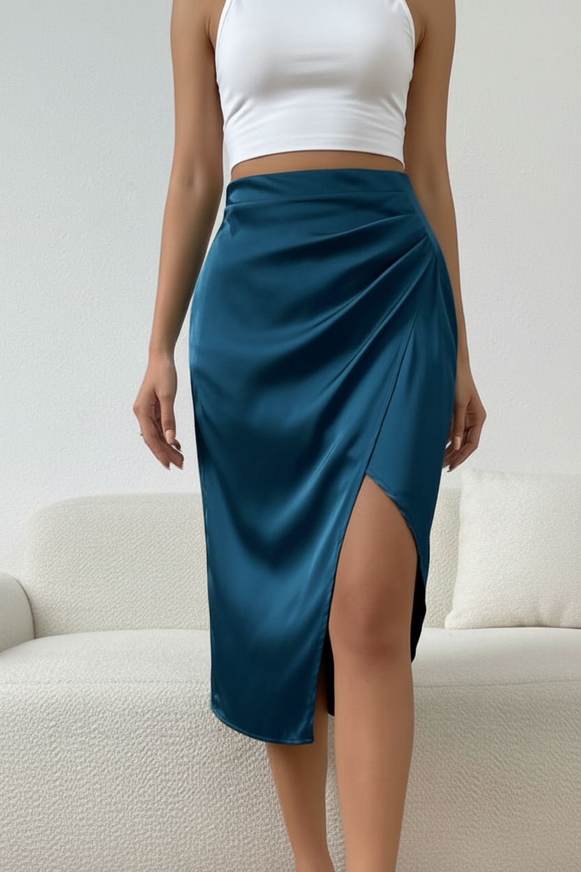 Elegant Polyester Midi Skirt with Side Slit & Flowy Fit