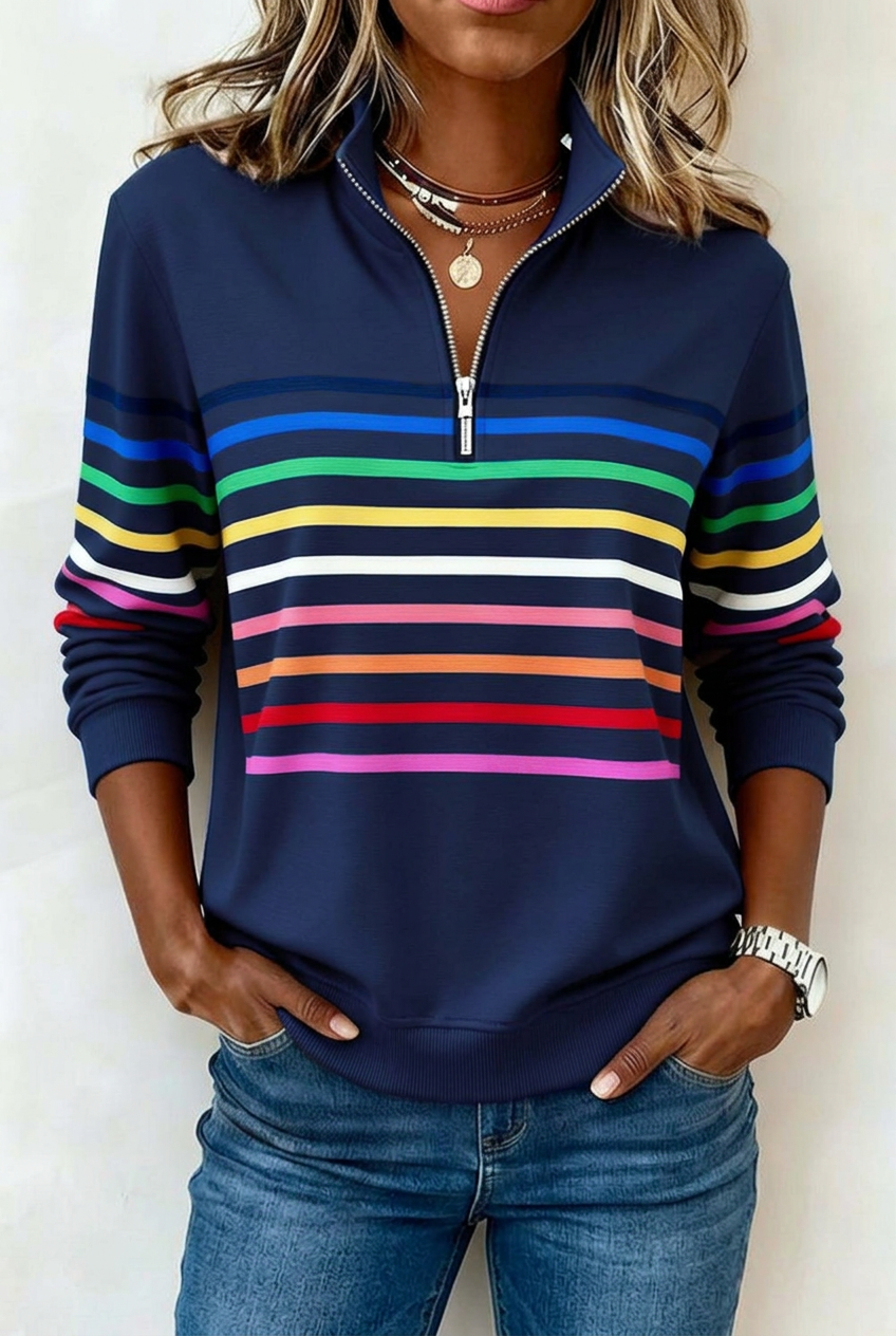 Navy Isla striped jumper in 2:3 portrait