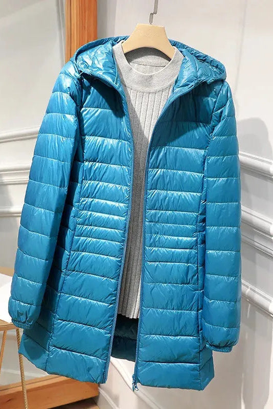 Hooded Quilted Zip Front Longline Coat