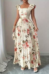 Summer Floral Square Neck Pleated Midi Dresses