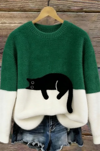 Casual Cat Pattern Knit Sweater