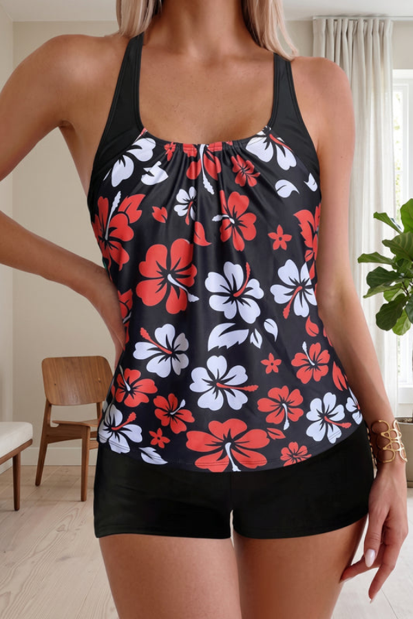 Floral Print Backless Tankini Swim Set