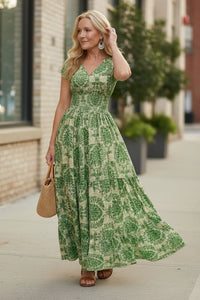 Printed Flow Maxi Dress with V Neckline