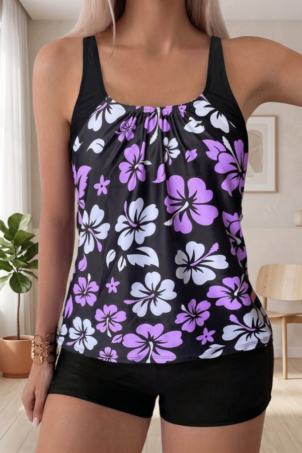 Floral Print Backless Tankini Swim Set