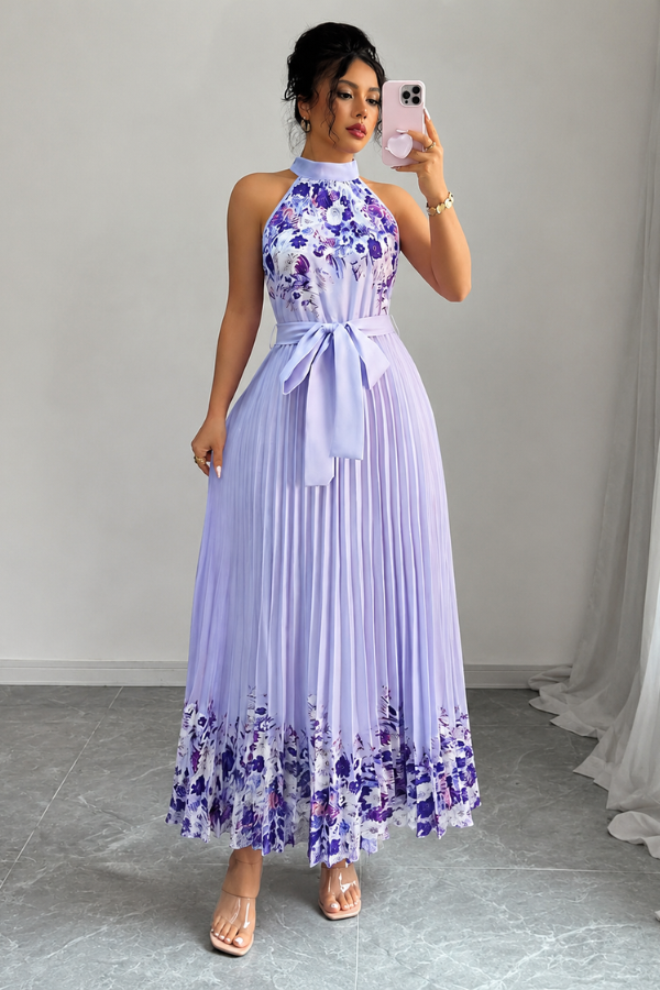 Floral Pleated Square Neck Midi Dresses