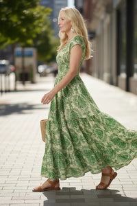 Printed Flow Maxi Dress with V Neckline