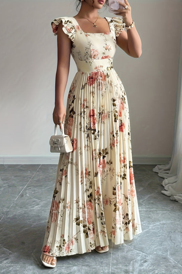 Summer Floral Square Neck Pleated Midi Dresses