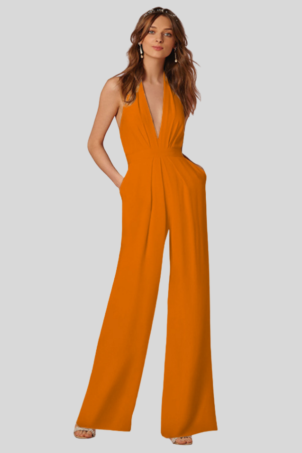 Deep V Neck Wide Leg Jumpsuit