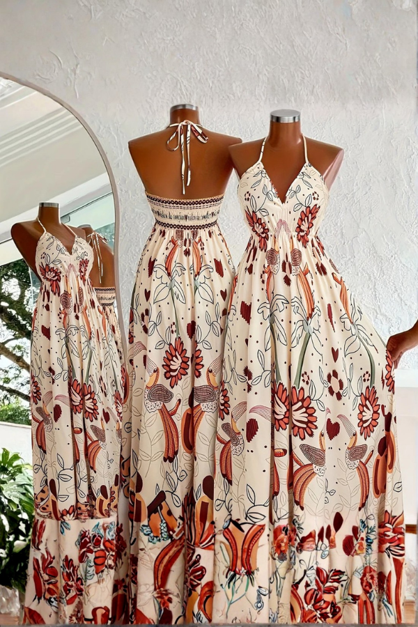 Women'S Halter Neck Floral Print Maxi Dress