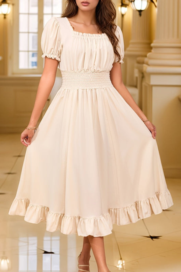 Elegant Pleated Square Neck Midi Dresses