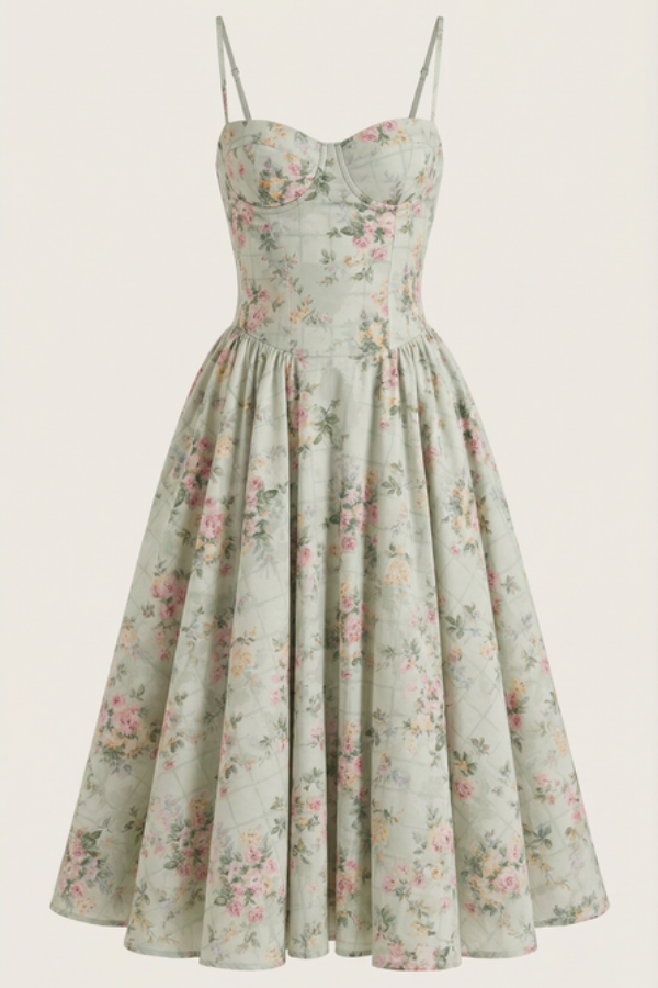 Floral Sweetheart Neck Midi Dress