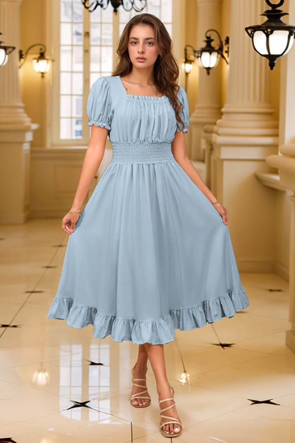 Elegant Pleated Square Neck Midi Dresses
