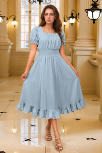 Elegant Pleated Square Neck Midi Dresses