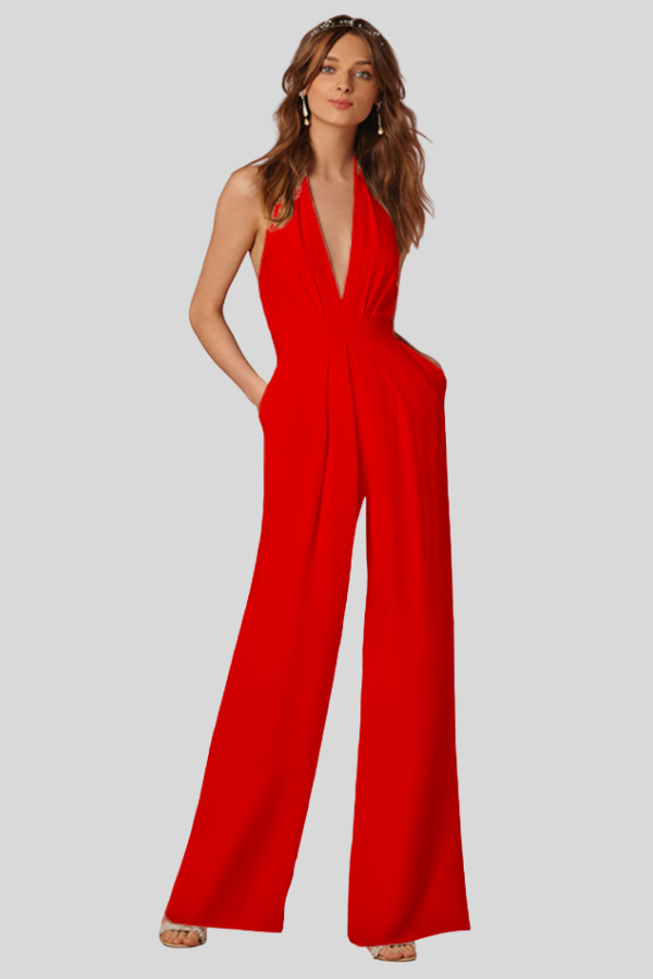 Deep V Neck Wide Leg Jumpsuit